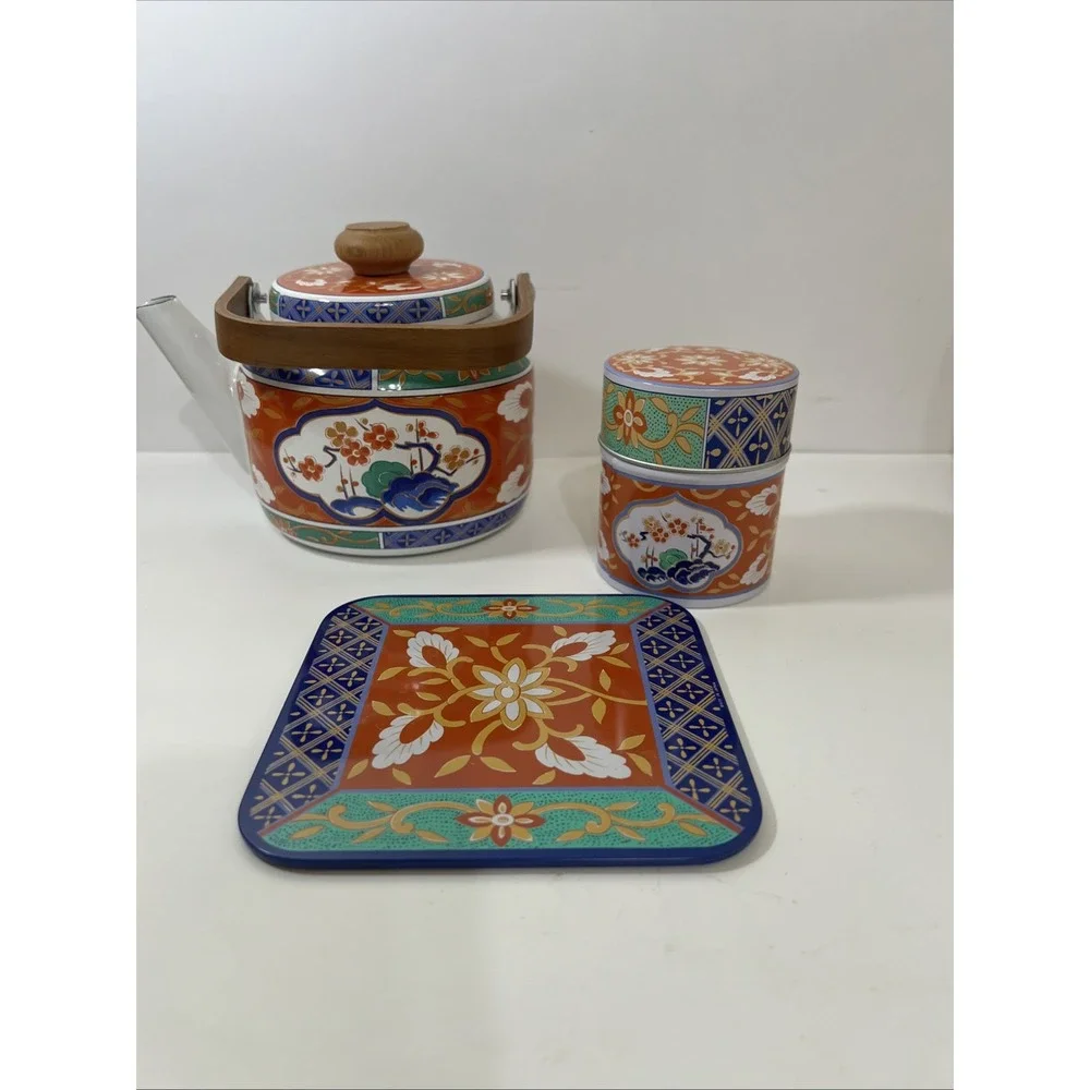 Tea Set 3piece tea set From Japan, Hand Painted,‎ Porcelain Enamel Wood Handle
